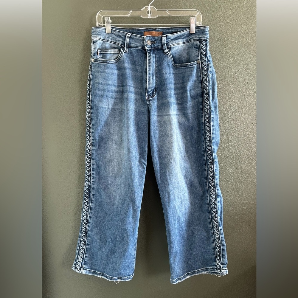 Judy Blue 14W Braided High Rise Crop Wide Leg Jeans Denim - Picture 2 of 8